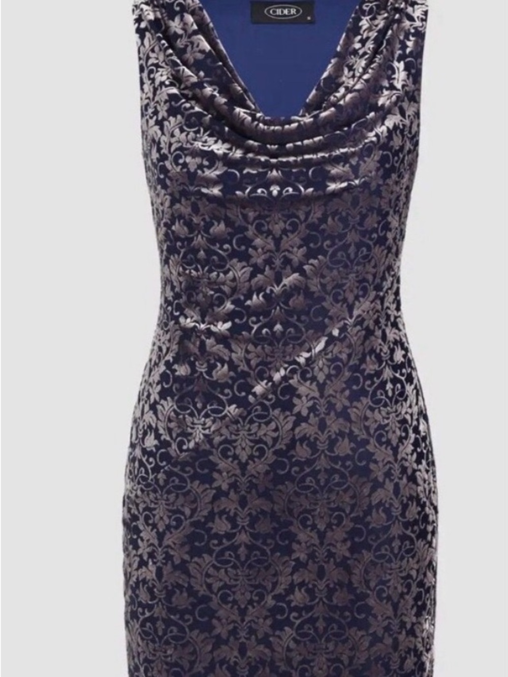 Cider Navy Velvet Jacquard Cowl Midi Dress